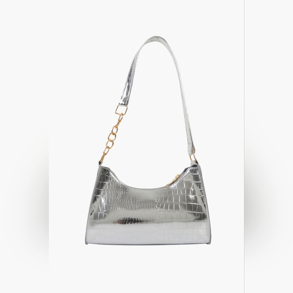 Handbags - Women's Silver Shiny Metallic PU Leather Shoulder Bag